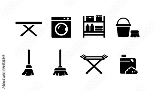 Home Utility Room. Filled icon set of Home Utility Room: ironing board, washing machine, storage shelf,