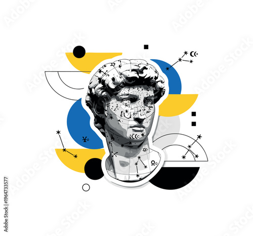 classical bust star map with abstract semicircles circles and graphic blocks, black and white roman bust marked with celestial constellation symbols with white