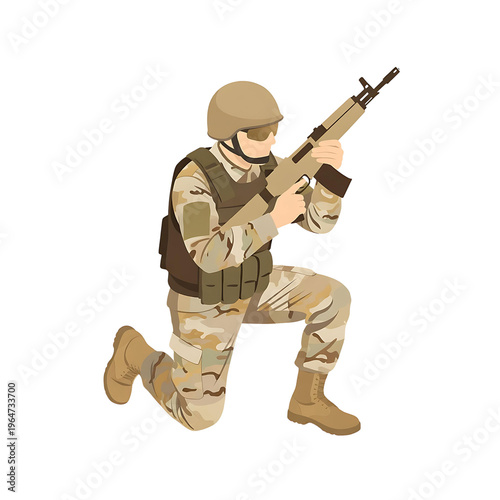 Isometric Desert Soldier Kneeling with Assault Rifle