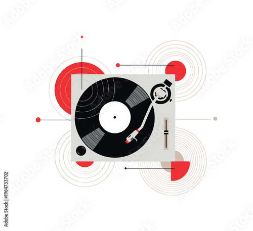 turntable vinyl with stylus interacting with abstract geometry, monochrome record and needle paired with concentric circles and thin linear elements,