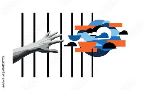hand reaching iron bars with geometric semicircles lines and abstract blocks, black and white hand reaching toward moonlight through iron bars with layered