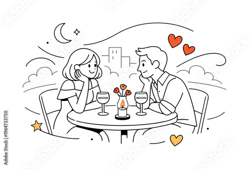 Romantic evening setting. An outdoor cafe table with a small candle and two glasses, minimal flowers placed in