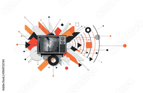 space broadcast vintage TV with geometric circles abstract shapes and lines, black and white retro television transmitting cosmic signals into space with