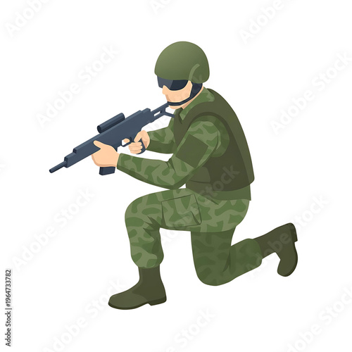 Isometric Soldier Green Camouflage Assault Rifle Position