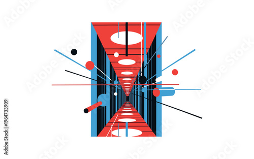 asylum corridor perspective lights with floating geometric lines circles and cylinders, black and white narrow hallway with repeating overhead lights creating