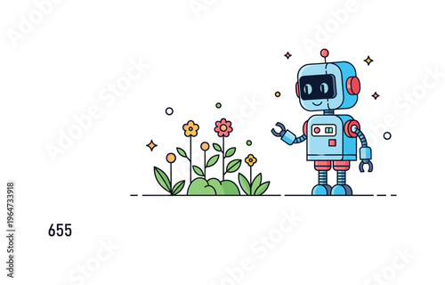 Playful little robot exploring cute tiny robot examining plants with tiny mechanical arms and subtle decorative sparkles enhancing the whimsical illustration.