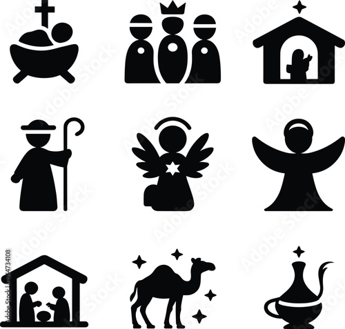 Black silhouette of religious figures and symbols in minimalist style priest bishop d