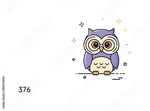Little playful owl with glasses cute tiny owl wearing round glasses perched upright with tiny decorative sparkles enhancing the whimsical scene. Minimalist
