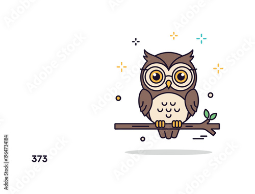 Little wise owl adorable tiny owl perched on a branch wearing glasses with a curious expression and subtle decorative sparkles enhancing the whimsical vibe.