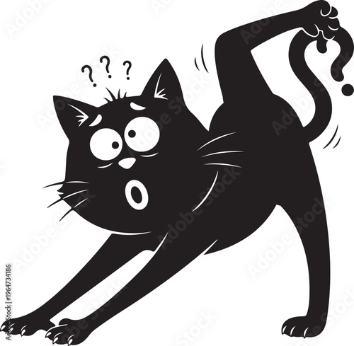 A black cat silhouette isolated on transparent background with a puzzled expression