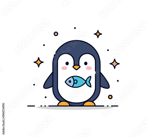 Little playful penguin adorable tiny penguin standing with a small fish in flippers and subtle sparkles around for a whimsical illustration. Minimalist flat
