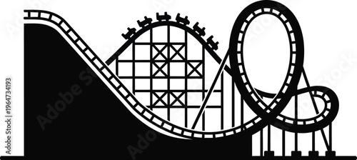 Roller coaster ride with a loop and supports for amusement park, theme park, and fun designs. 