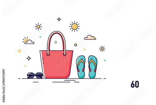 Relaxed seaside lifestyle scene with a bright tote bag, flip flops, and gentle decorative sun icons expressing warmth, freedom, and holiday ease. Minimalist