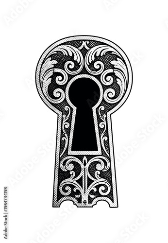 A ceremonial keyhole motif with elongated proportions and refined ornamental details, shown alone with slight cropping, black and white halftone illustration,