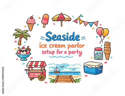 Seaside Party Setup. Seaside ice cream parlor setup for a party. Hand drawn illustration of Seaside ice cream
