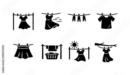 Clothesline Icon Set. Clothesline Dresses Blowing. Filled icon set of Clothesline Dresses Blowing: clothesline