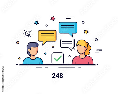 Constructive conflict resolution scene with two people calmly discussing with speech bubbles and a checkmark symbolizing agreement and positive outcomes.