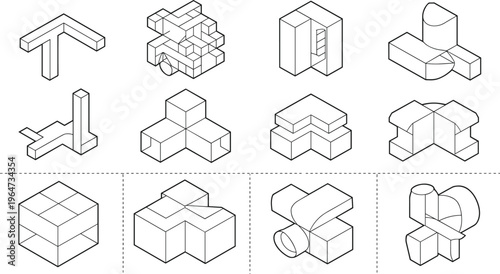 Geometric puzzle illustration, three dimensional shapes artwork, cubes prisms cylinders design, spatial reasoning exercise, visual assembly challenge, educational abstract art