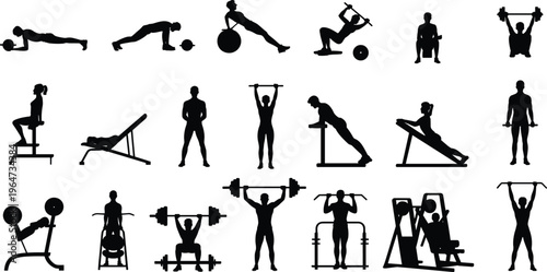 Gym workout silhouettes illustration, black fitness artwork, strength training exercises, weightlifting positions, planks push-ups sit-ups squats, conditioning routines, healthy lifestyle design