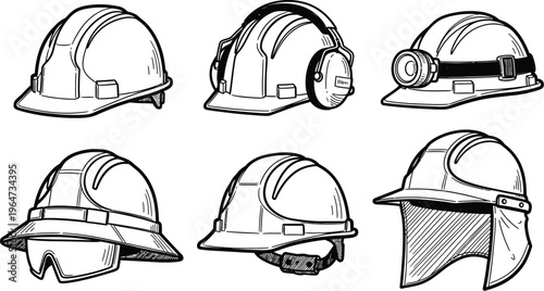 Collection of construction safety hard hat icons.  Industrial PPE (Personal Protective Equipment) for head protection. Standard hard hats, ear protection helmet, brimmed hats, mounted light helmets. 