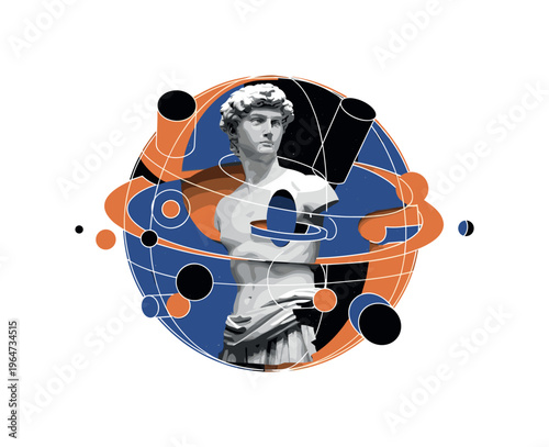 classical statue universe concept with layered circles cylinders and geometric shapes, black and white marble statue merging with cosmic constellation sphere