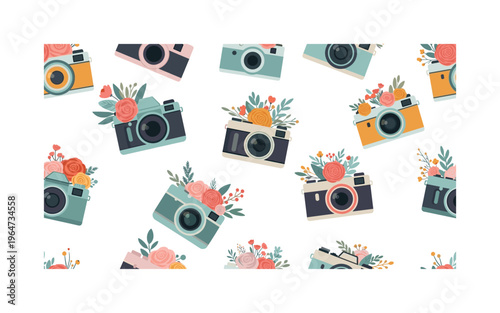 vintage camera bouquets seamless pattern, repeating pattern, surface design, textile print, soft color palette, modern illustration, flat vector cameras with