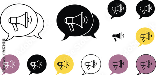 Megaphone icons with speech bubbles. Megaphones for advertising and announcements