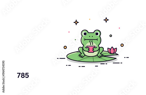 Little tea-drinking frog cute tiny frog perched on a lily pad sipping tea with tiny decorative sparkles enhancing the playful whimsical scene. Minimalist flat
