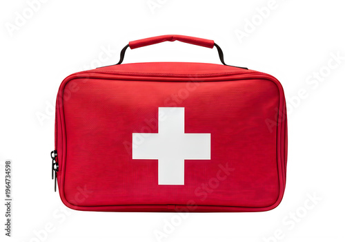 A red first aid kit with a white cross isolated on transparent background, png