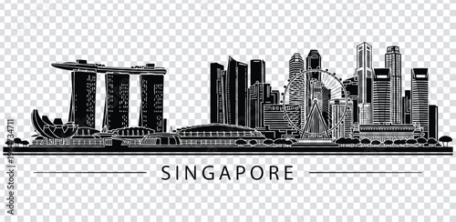 Vector illustration singapore city skyline with famous landmarks and buildings in black and white
