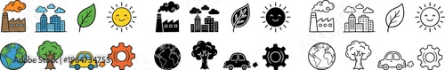 Mega collection of environmental icons in color silhouette and outline styles.