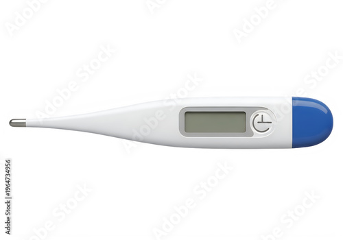 Digital thermometer with blue cap and white body isolated on transparent background, png