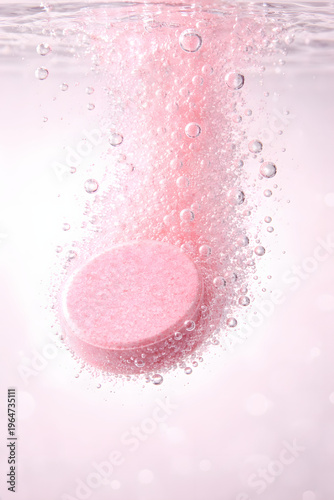 Effervescent Dissolve: A pink effervescent tablet dissolves in clear water, creating a captivating visual of fizzing bubbles and vibrant color, symbolizing health, wellness, and freshness.
