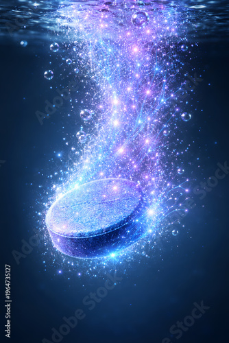 Effervescent Dissolve: A close-up view of a blue tablet dissolving underwater, creating a captivating visual spectacle of bubbles and effervescent particles.