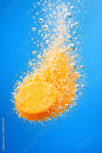 Effervescent Tablet Dissolving: An orange tablet swiftly dissolves in water, creating a vibrant display of bubbles against a blue background, showcasing the power of a quick and effective remedy.