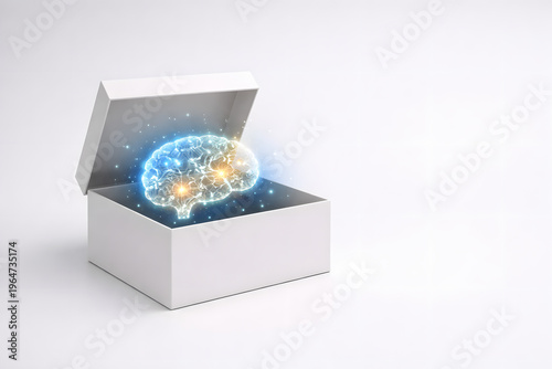 Unlocking the Mind's Potential: A 3D rendered human brain emerges from a minimalist box, illuminating ideas of creativity, innovation and the boundless possibilities of intellect.