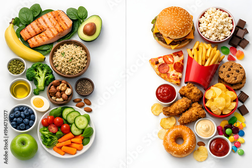 Balanced Food Choices: A visual contrast between healthy and unhealthy food options, offering a clear depiction of nutritional choices