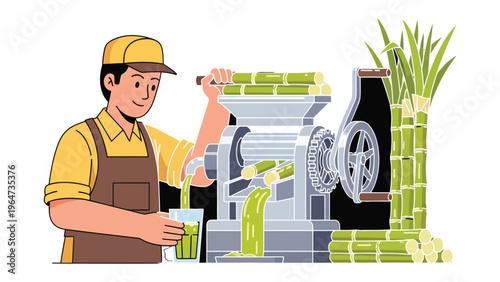 Sugarcane Juice Extractor: An illustration shows the process of making fresh sugarcane juice, highlighting the traditional method of extracting juice using a manual machine. 