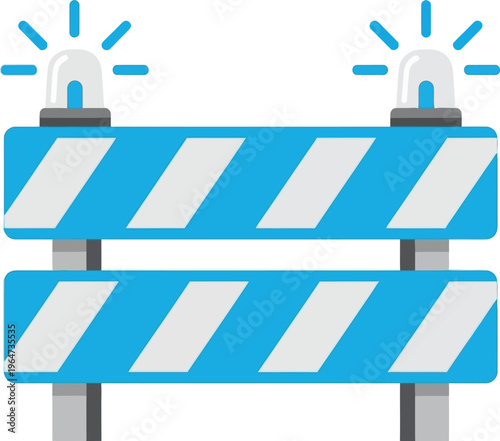 Road construction barrier with flashing blue lights, caution warning sign, temporary traffic management, safety equipment for roadwork and urban development projects