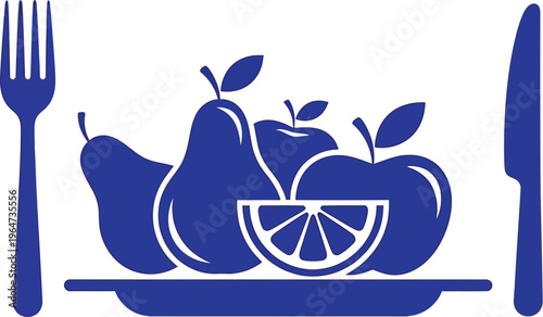 A colorful and vibrant illustration of a plate filled with fresh fruits, including apples, pears, and oranges, with a fork and knife on either side