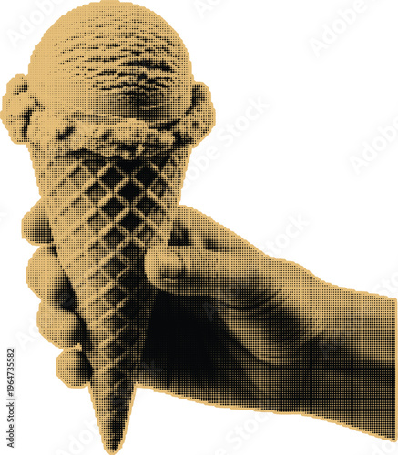 Hand holding ice cream cone made from dots symbolizing summer treat and joy on checkered background.