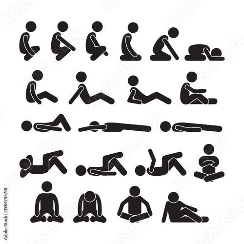 Black Stick Figures Human Postures Collection on White Background