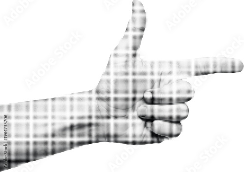 Human hand pointing gesture in halftone style, black and white vector isolated illustration on transparent.