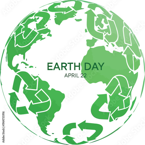 Graphic representation of planet earth designed with green recycling symbols celebrating environmental awareness for earth day on april twenty second.