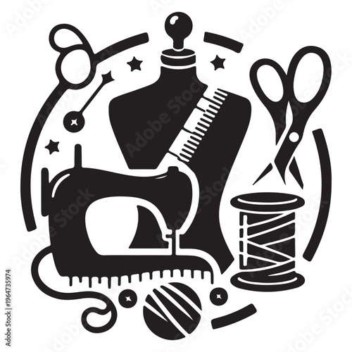 Monochrome Sewing and Crafting Tools Vector Graphic Emblem Design
