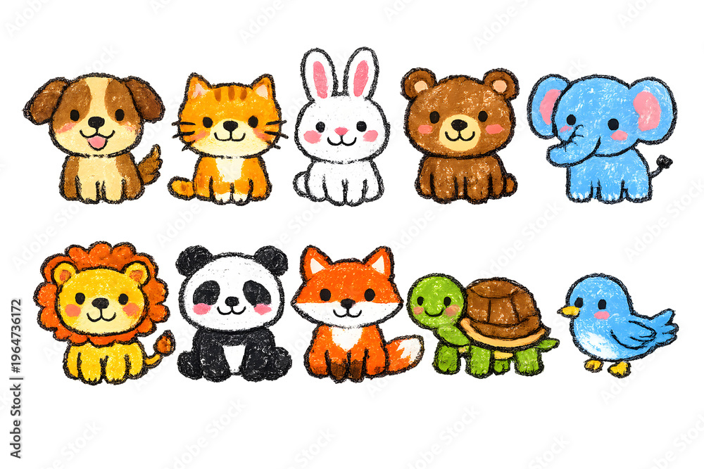 Naklejka premium Cute Animal Friends: a delightful cartoon arrangement of charming animal characters, each exuding warmth and personality, ready to bring joy to any project. 