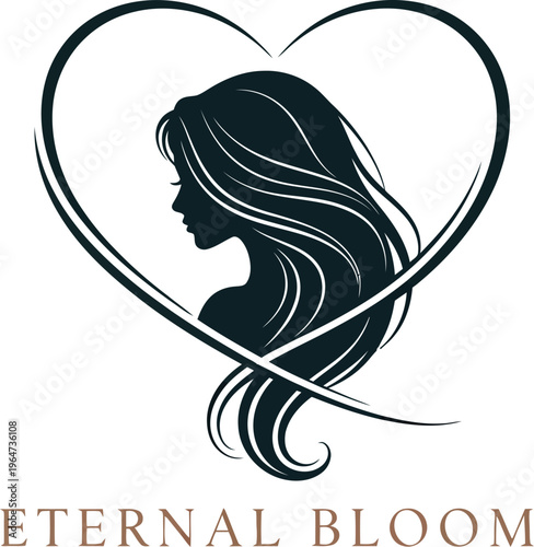 Elegant black silhouette of a beautiful woman with long, flowing hair, gracefully framed within a stylish heart shape, symbolizing eternal bloom, beauty, and feminine grace in a minimalist vector.