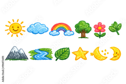 Nature's Palette: Delightful illustrations of the sun, moon, and various natural elements bring a touch of whimsy and charm to any creative project.