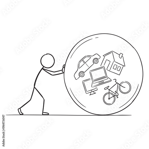 Minimalist Stick Figure Pushing Transparent Sphere with Common Belongings