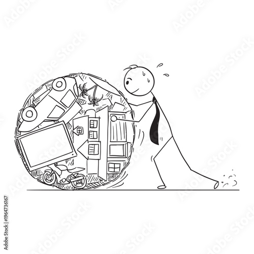Hand-drawn Stick Figure Man Pushing Heavy Ball of Consumer Goods